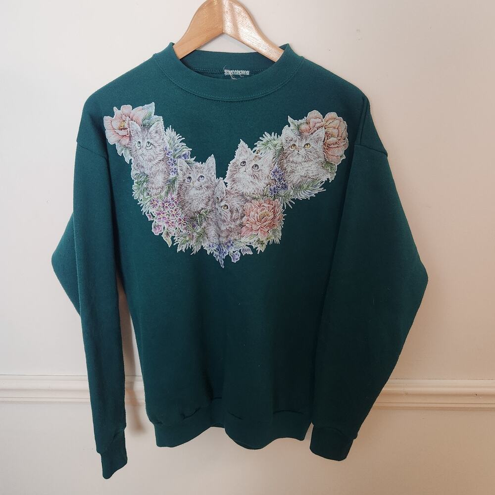 Vintage Cat Kitten Sweatshirt XS Small Womens Green Casual Animal Graphic Crew